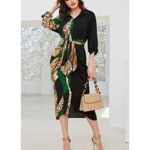 Women's Button Front Tie Waist Animal Print Paisley Long Sleeve Shirt Dress XL